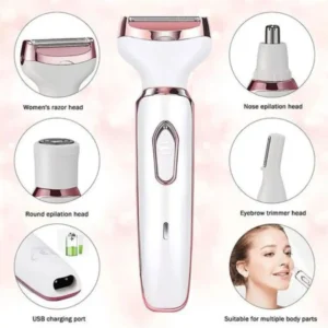 4-in-1 Rechargeable Lady Shaver Kit- Eyebrow Trimmer, Nose Hair & Body Shaver for Women