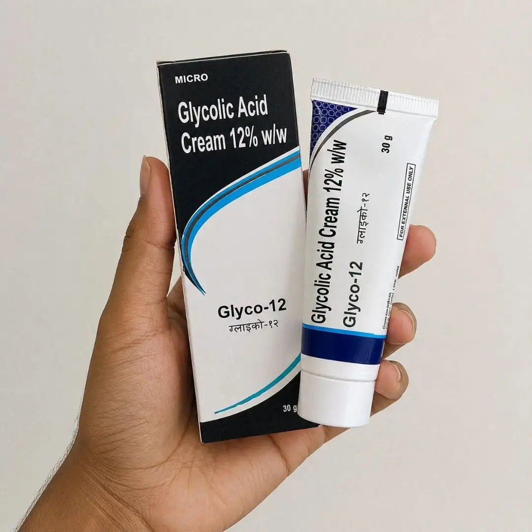 Hand holding Glyco 12 Glycolic Acid Cream 12 percent 30g