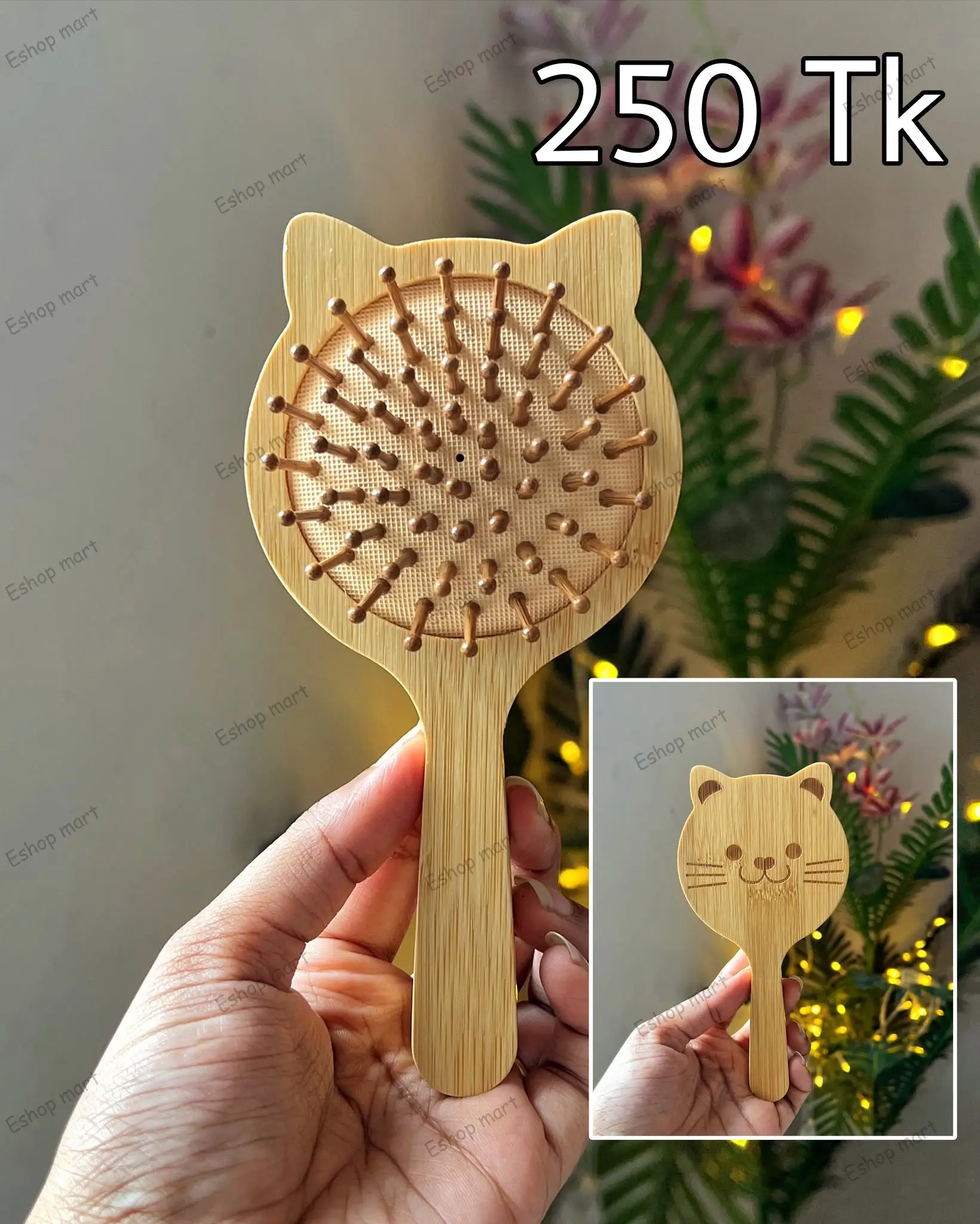 Cute Bamboo Wooden Cat Shape Paddle Hair Brush and Scalp Massager 250 Tk