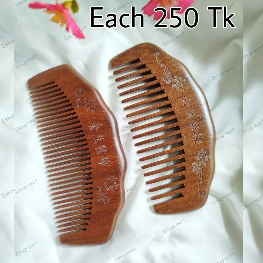 Engraved Natural Sandalwood Fine and Wide Tooth Hair Comb 250 Tk