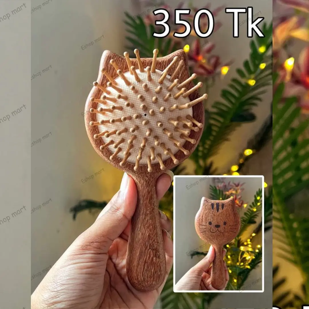 Cute Wooden Cat Shape Paddle Hair Brush and Scalp Massager