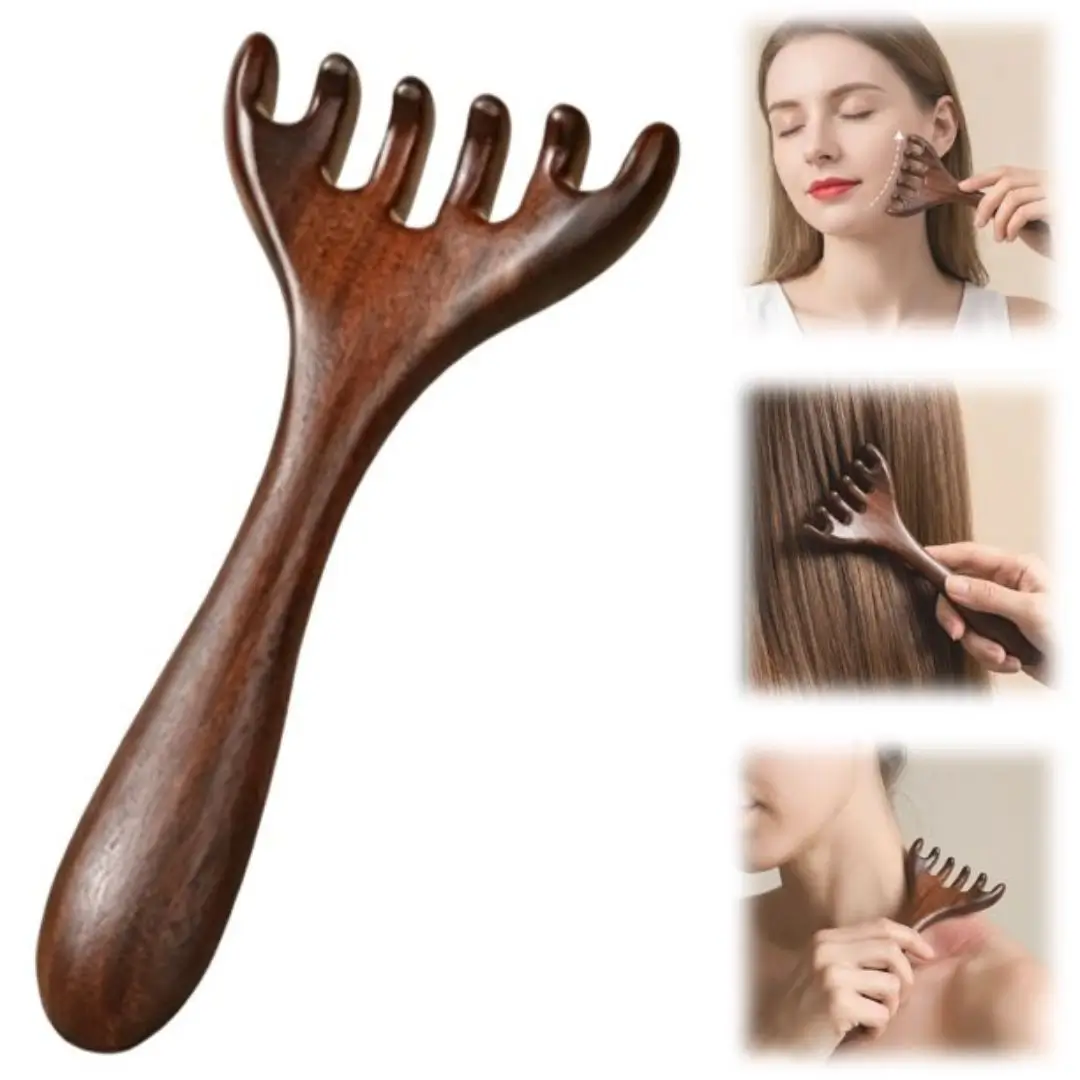 Natural Sandalwood Long Handle 5 Claw Scalp and Body Gua Sha Massager 250 Tk