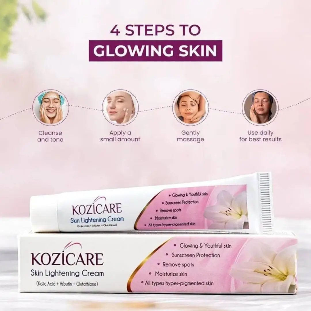 Kozicare Skin Lightening Cream Tube Box and 4 Steps Usage Guide