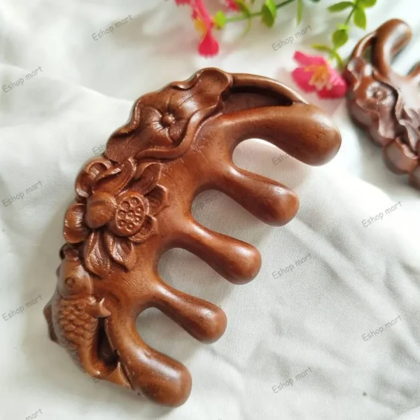 Hand Carved Sandalwood Scalp Massager Comb Lotus Fish Pattern
